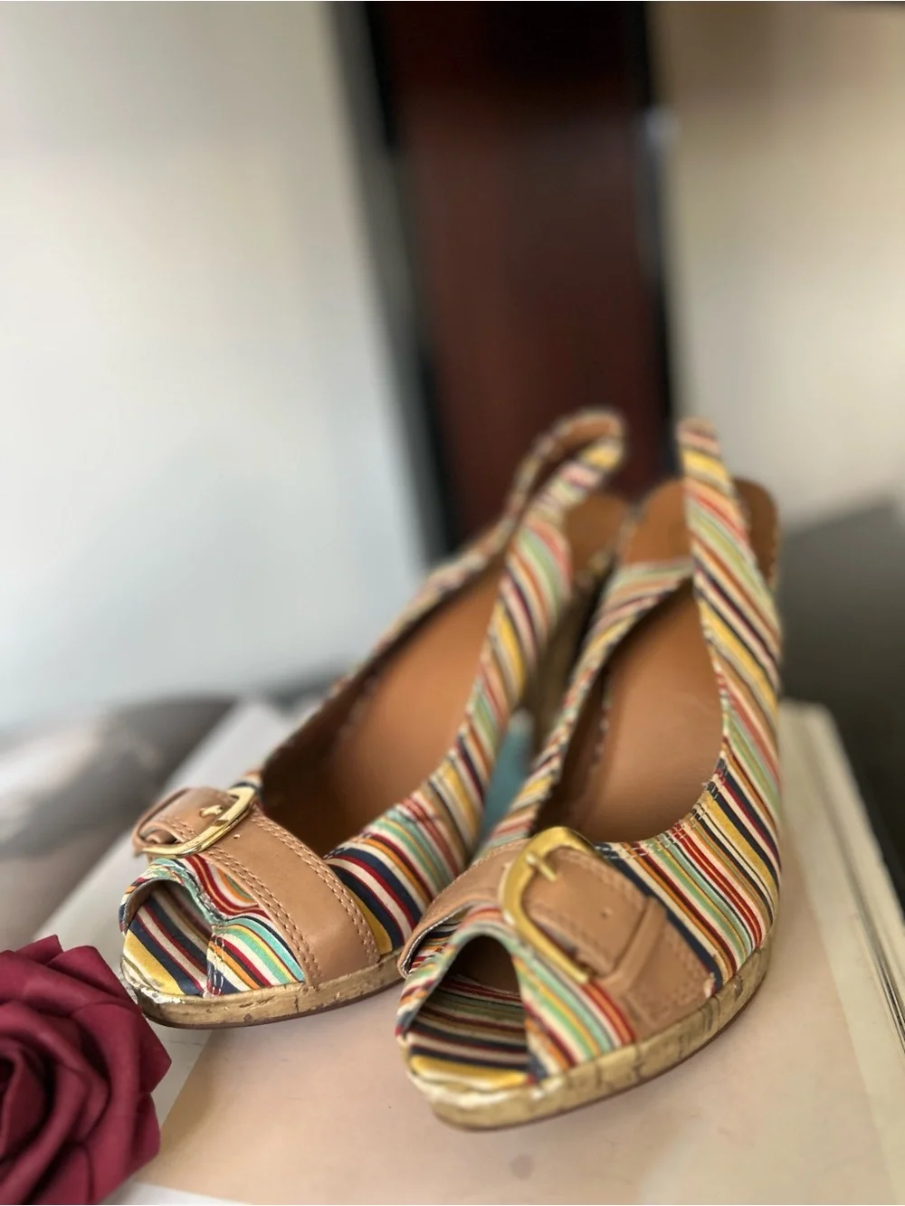 candies 9 Women's Multicolor Striped Peep-Toe Slingback Wedges